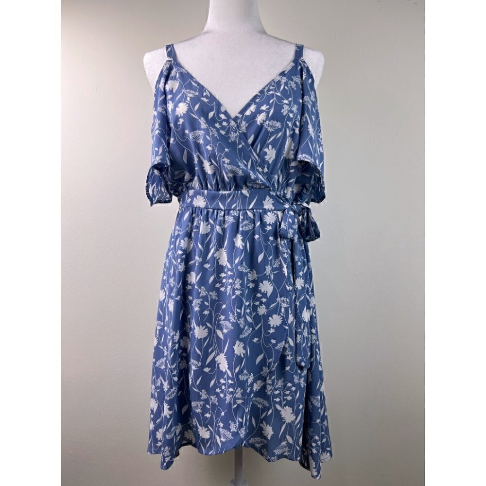 Sienna Sky Dusty Blue Floral Dress - Cold Shoulder & Flutter Sleeve - Medium